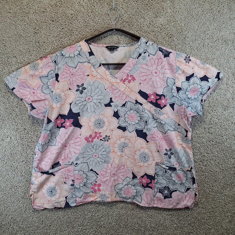 Zoe + Chloe Scrub Top Women 3X Multicolor Floral V-Neck Short Sleeve Nurse Work